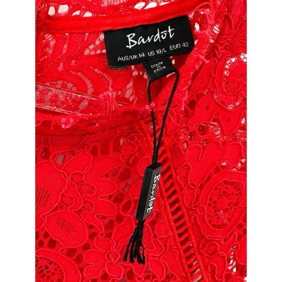 BARDOT Red Lace Mock Neck Lined Sheath Dress Size US 10 / Large Wedding Guest - Picture 4 of 8